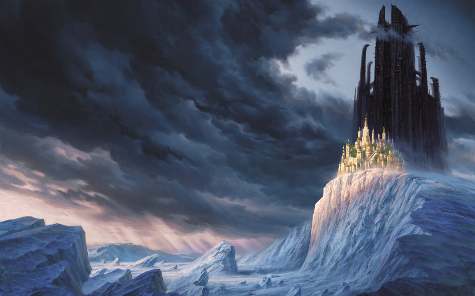 Dark castle and city on a snowy mountain under stormy sky HD Wallpaper