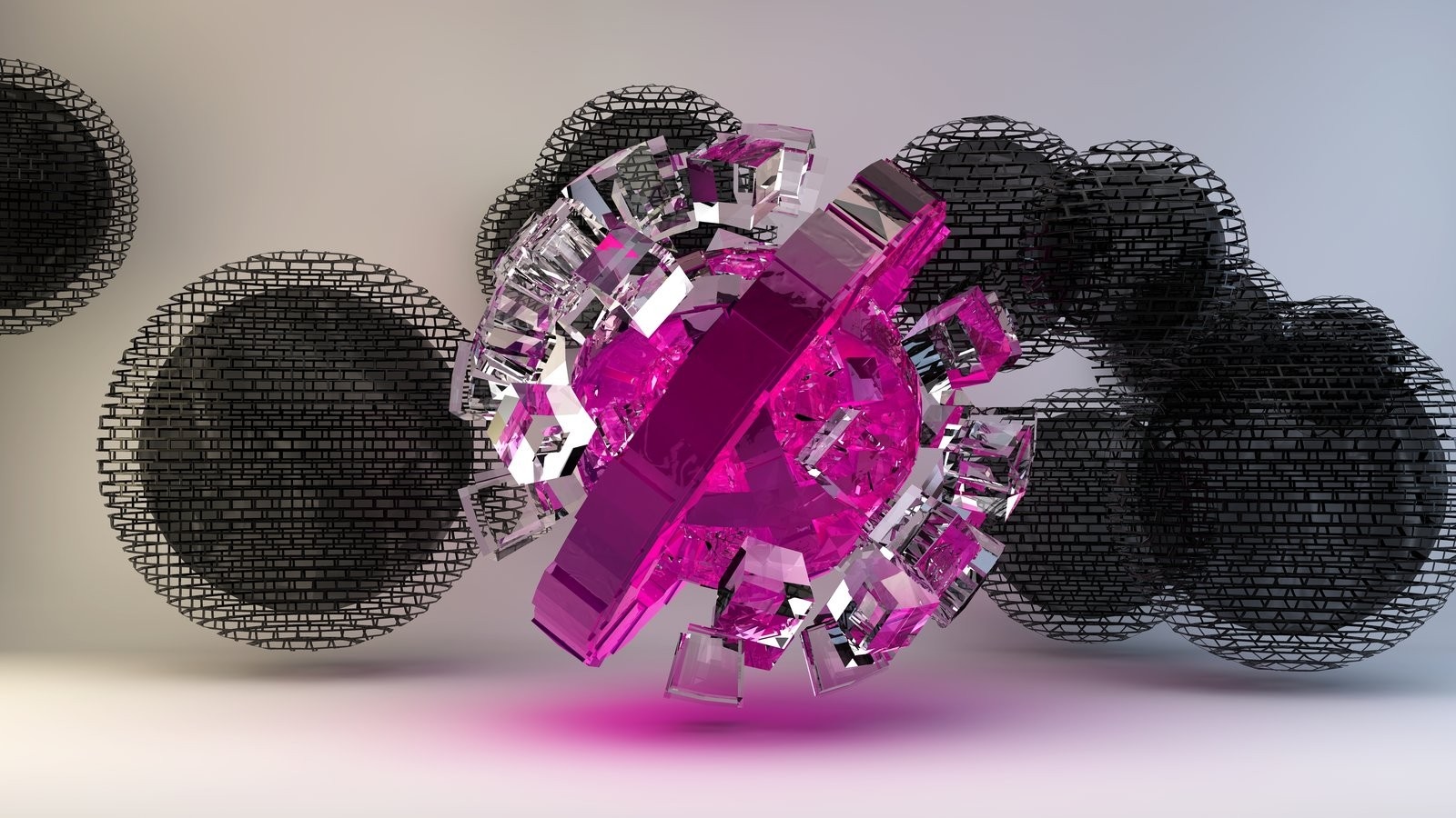 Abstract geometric sculpture with pink and clear crystals HD Wallpaper