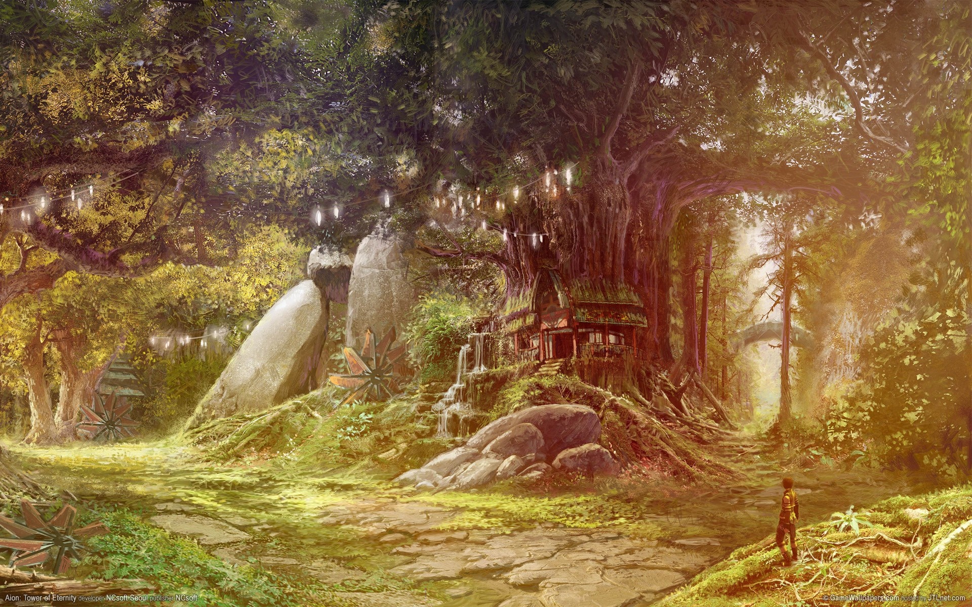 Fantasy forest with ancient tree and waterfall HD Wallpaper