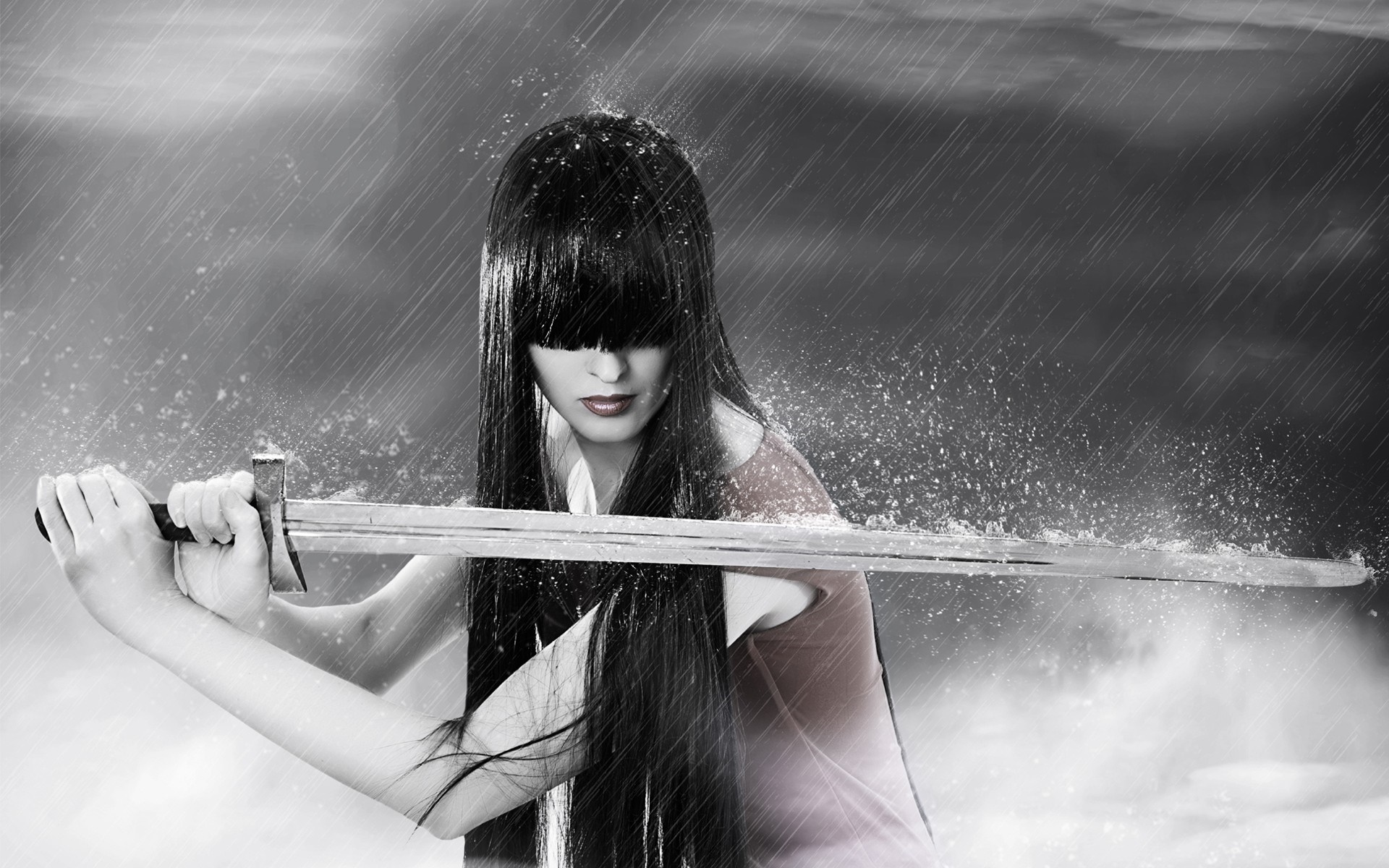Woman with sword in the rain HD Wallpaper