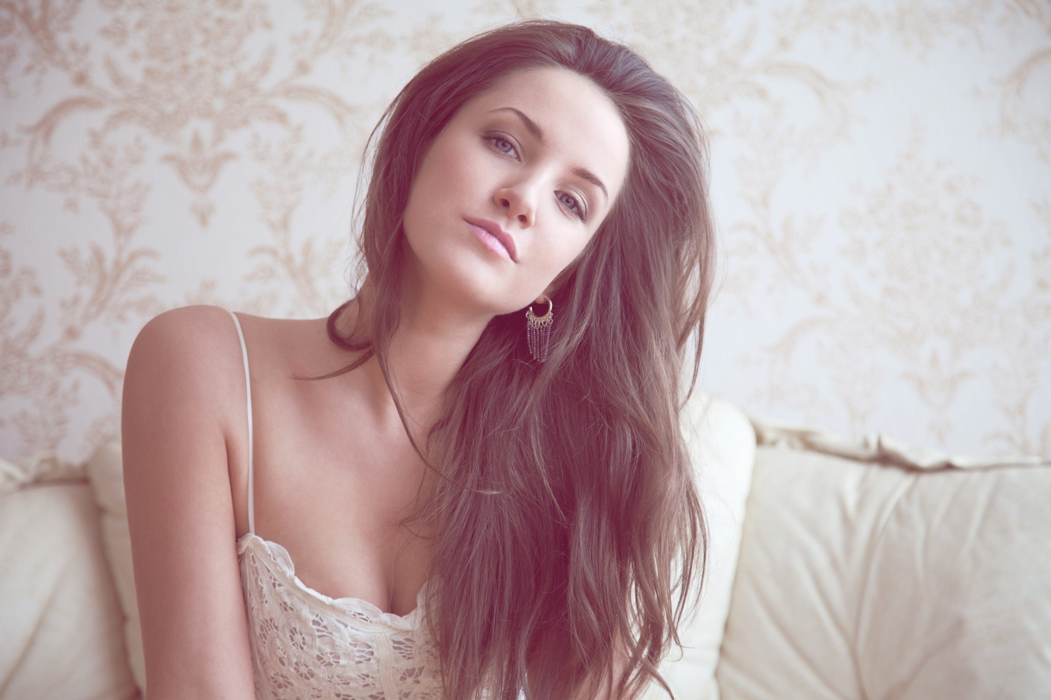 Woman with long brown hair wearing a lace top HD Wallpaper