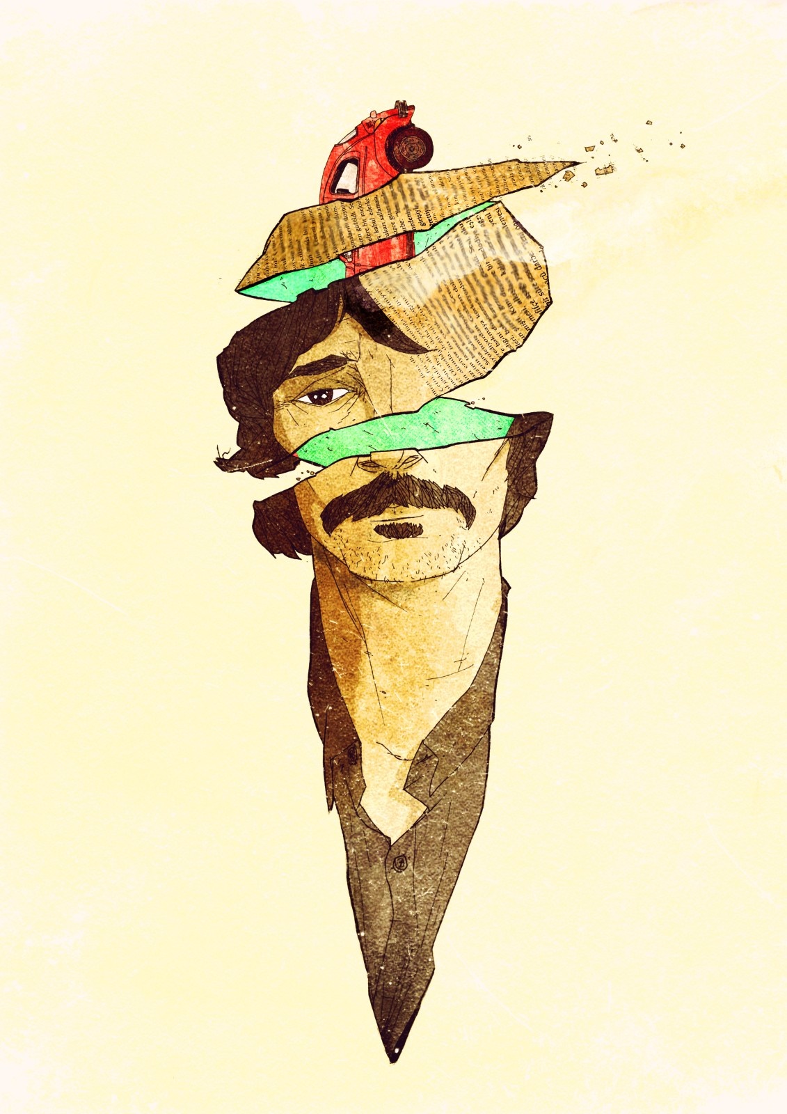 Illustration of a man's face made of torn paper and a car HD Wallpaper