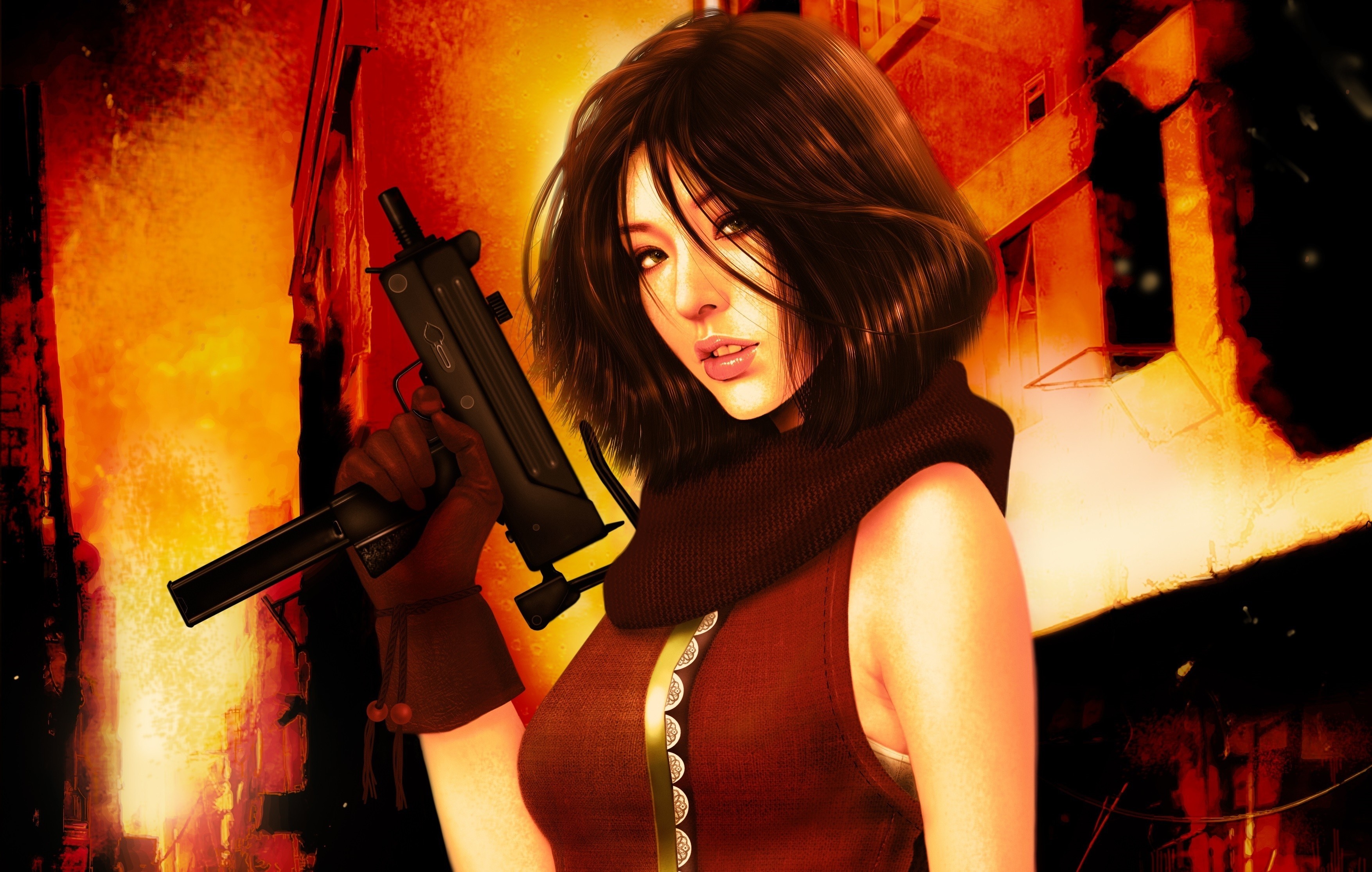 Woman holding a submachine gun in a fiery city HD Wallpaper
