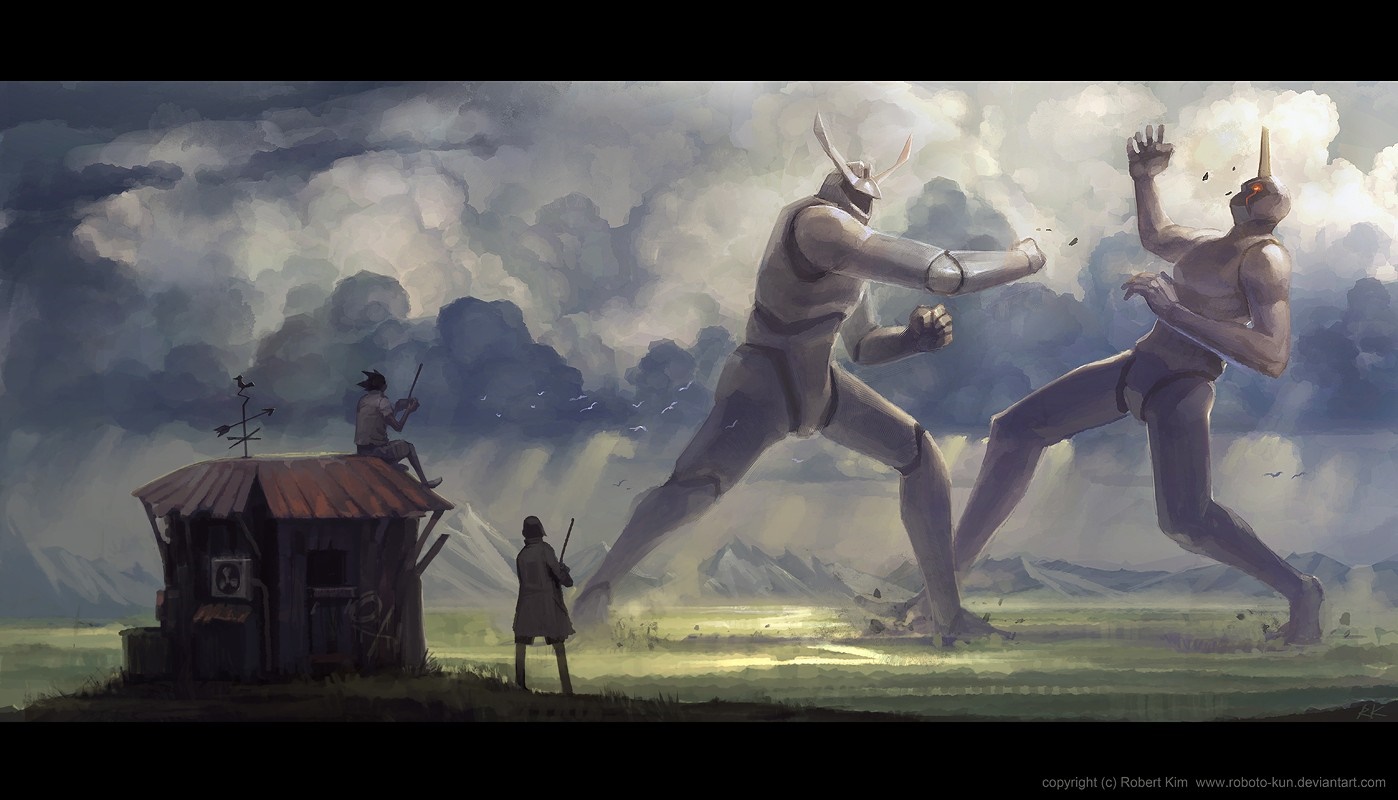 Two giant robots fighting in a field with people watching HD Wallpaper