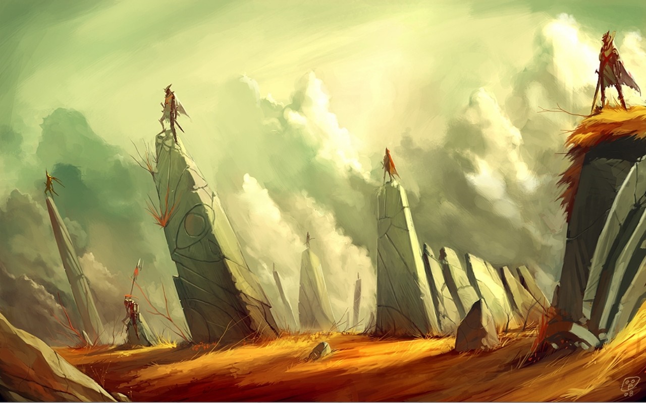 Warriors standing on ancient stone monoliths in a desolate landscape HD Wallpaper