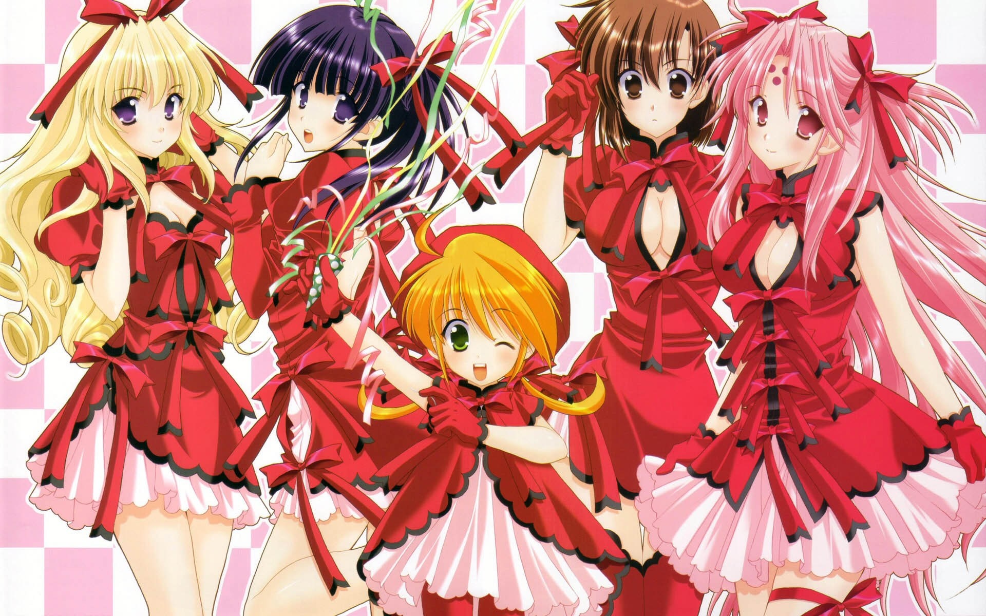 Anime girls in red dresses with party streamers HD Wallpaper