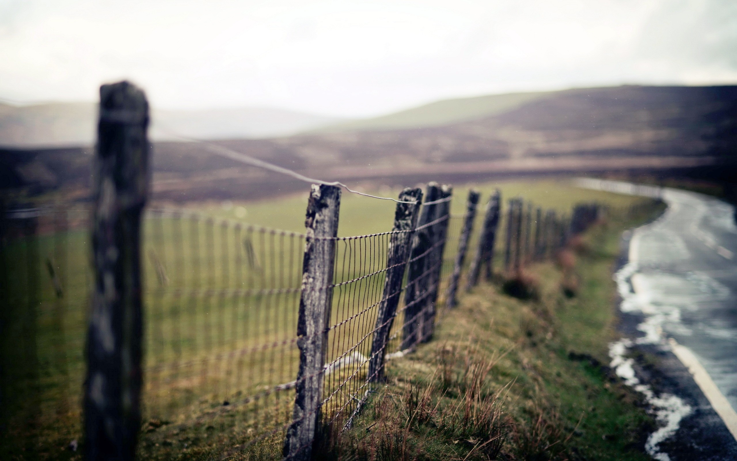 Rural landscape with a wet road and fence HD Wallpaper