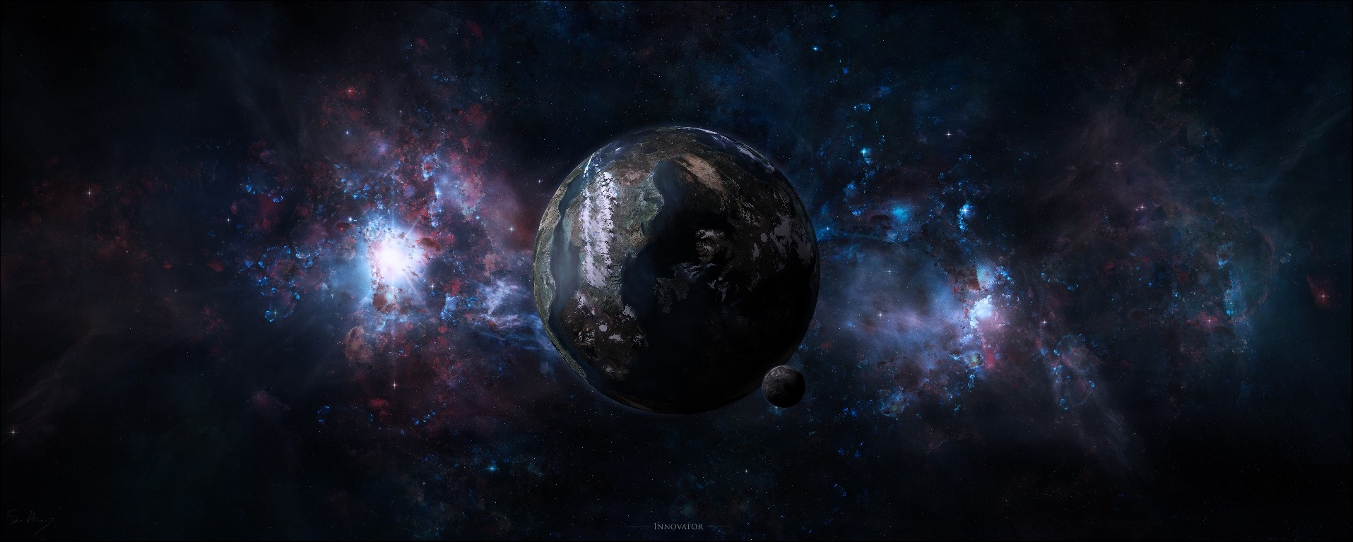 Planet and moon in a colorful nebula HD Wallpaper