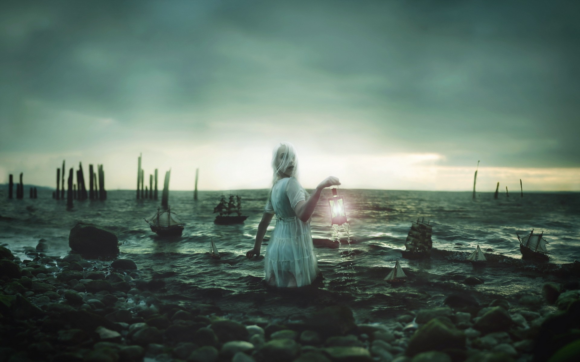 Woman with lantern in the sea with ships HD Wallpaper