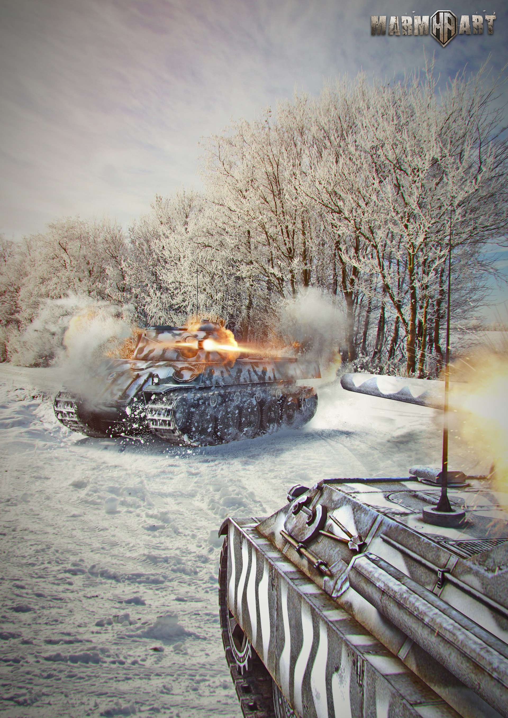 Tanks firing in a snowy forest during winter HD Wallpaper