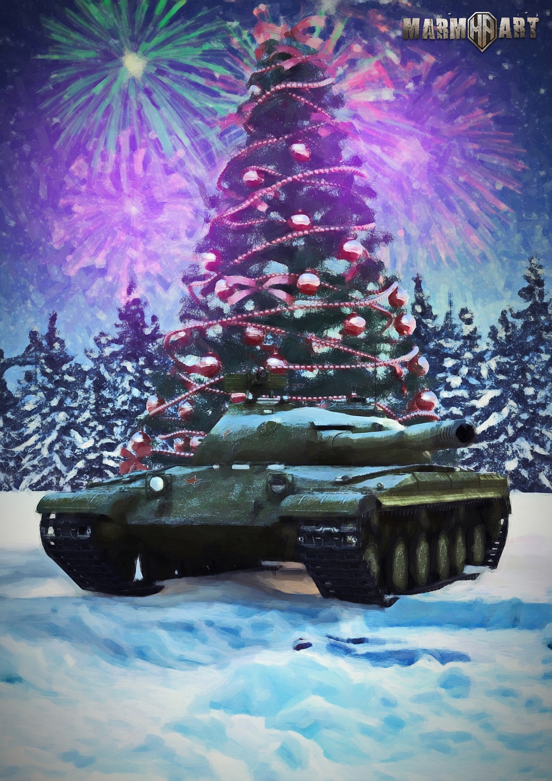 Tank decorated as Christmas tree with fireworks HD Wallpaper