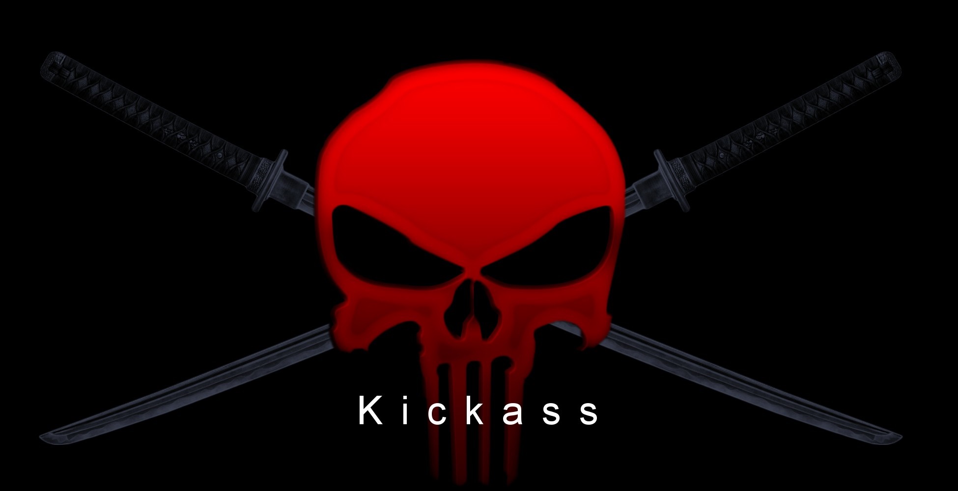 Red skull with crossed katanas and text Kickass HD Wallpaper