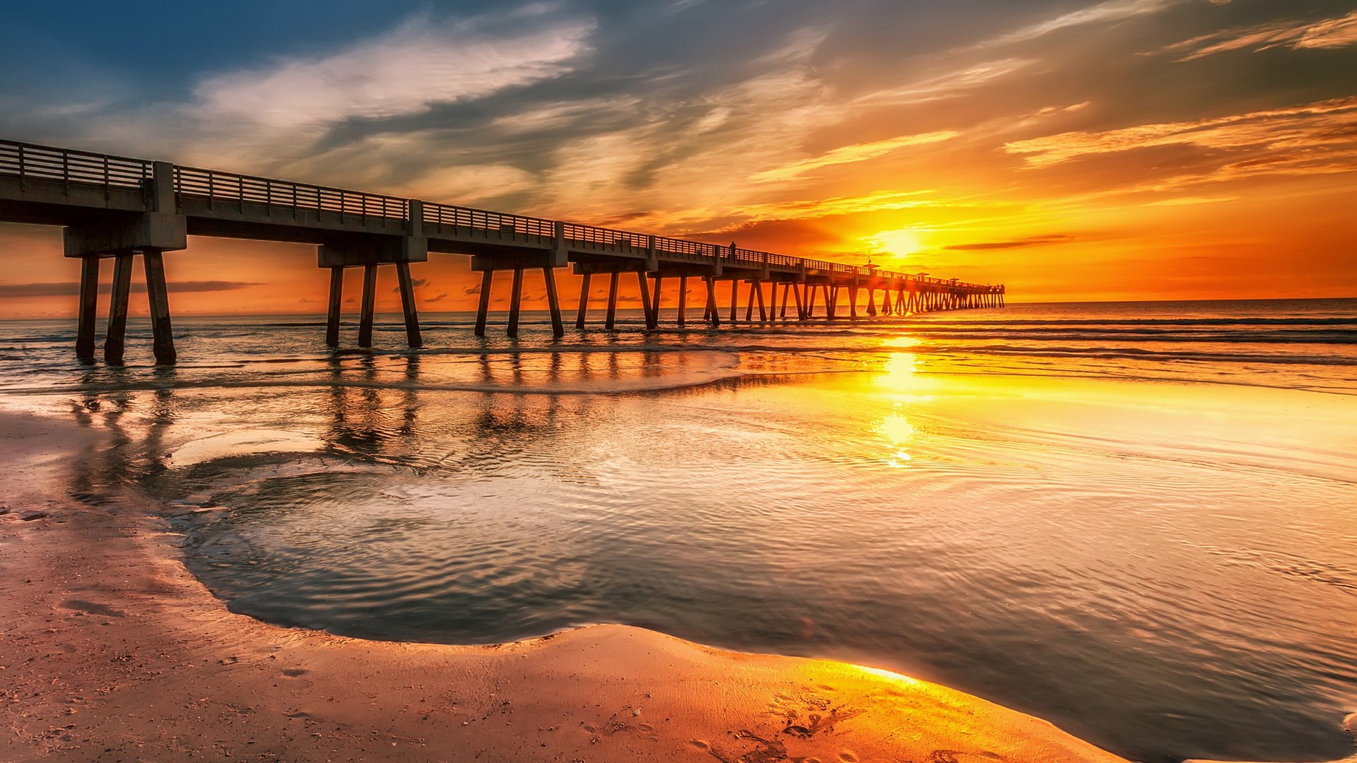 Pier over the ocean at sunset HD Wallpaper