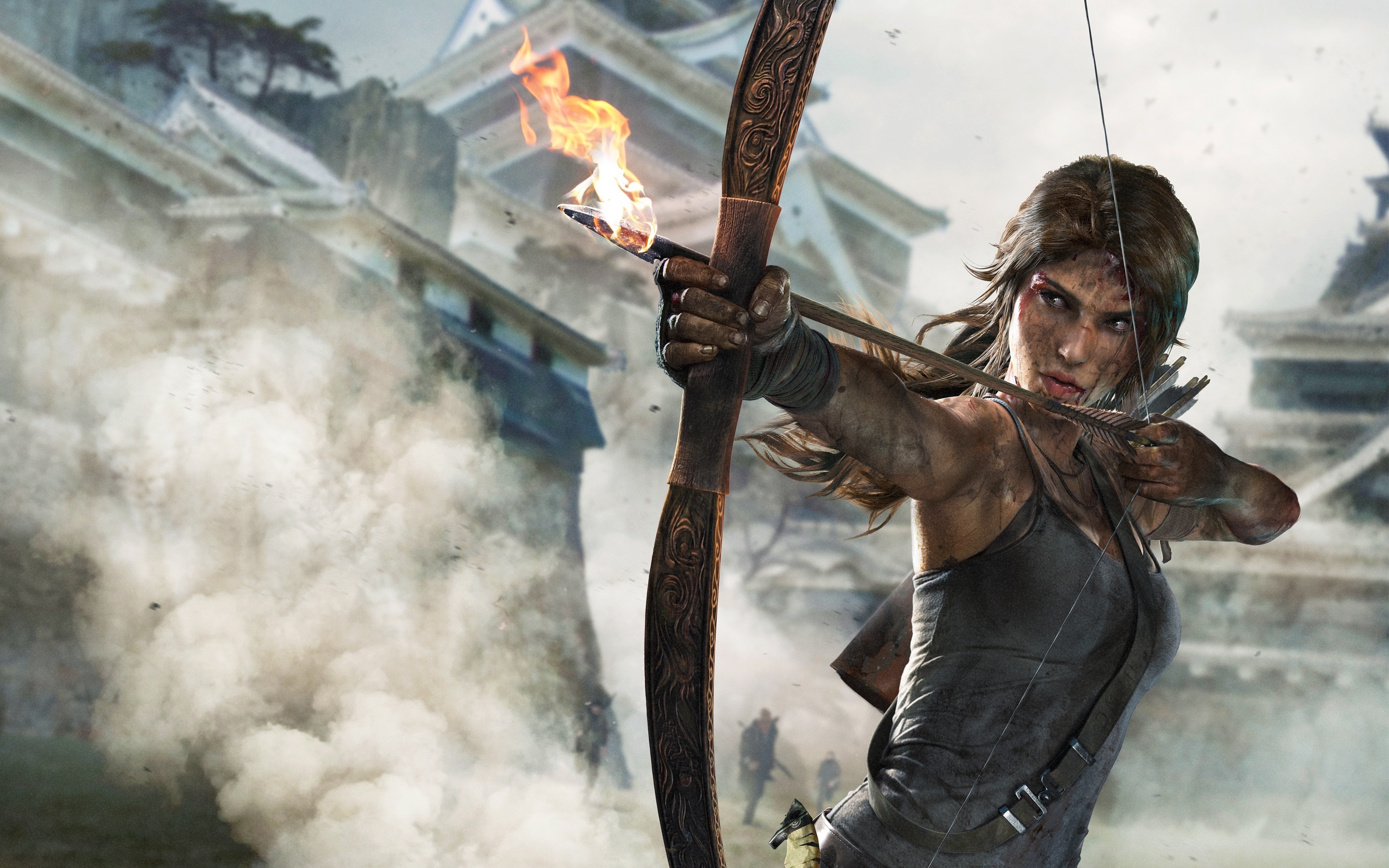 Lara Croft from Tomb Raider aiming a flaming arrow HD Wallpaper