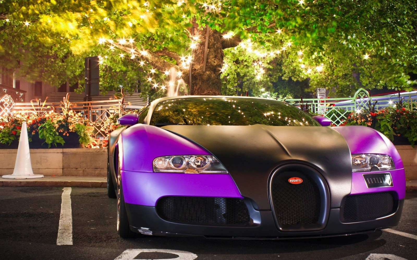 Purple and black Bugatti Veyron parked at night HD Wallpaper