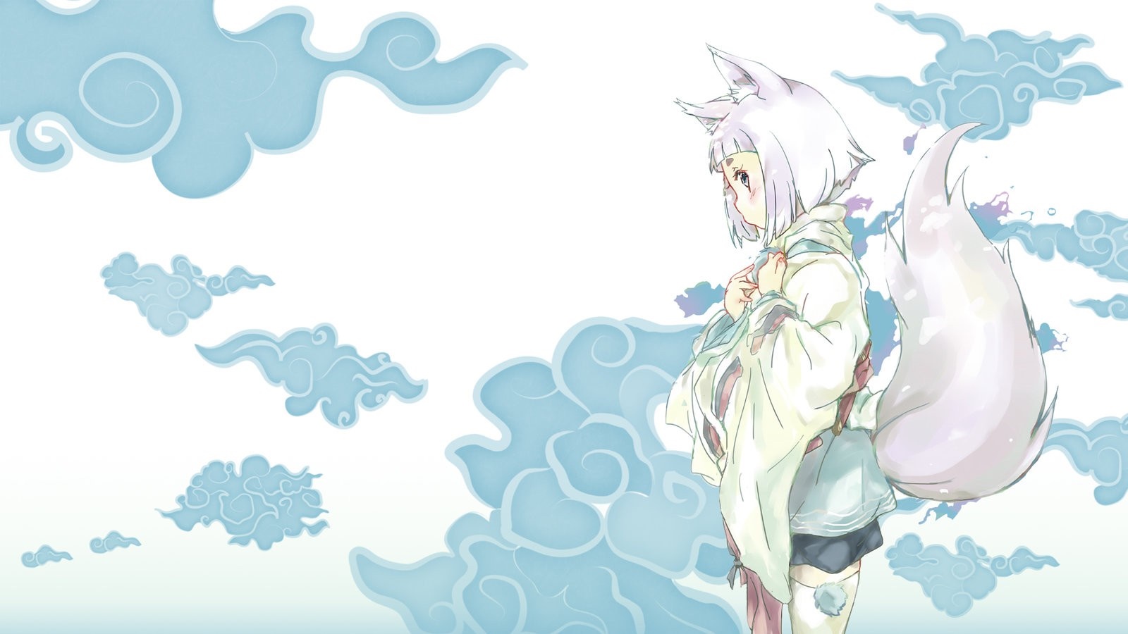 Anime girl with fox ears and tail among clouds HD Wallpaper