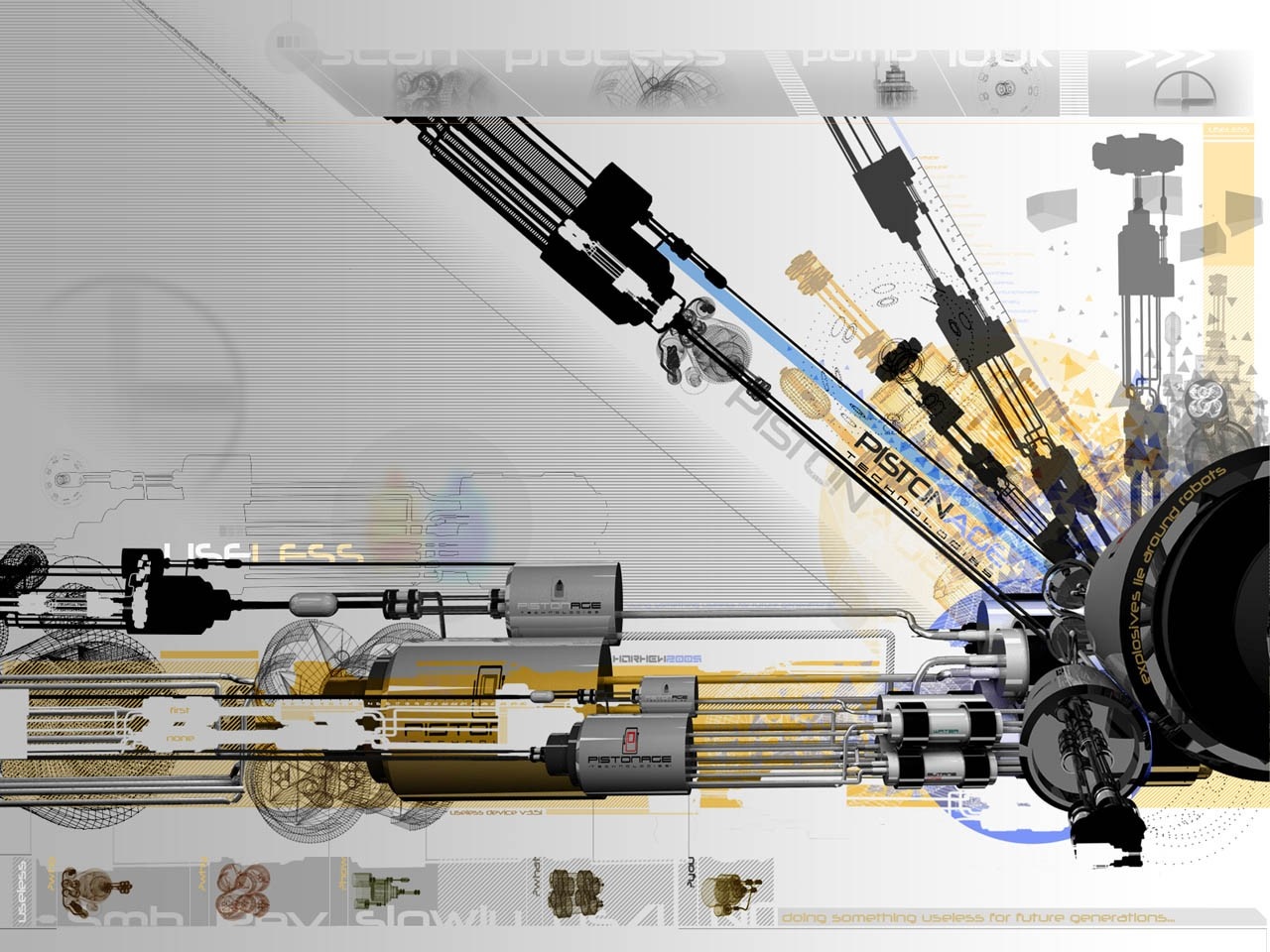 Abstract mechanical illustration with pistons and text HD Wallpaper