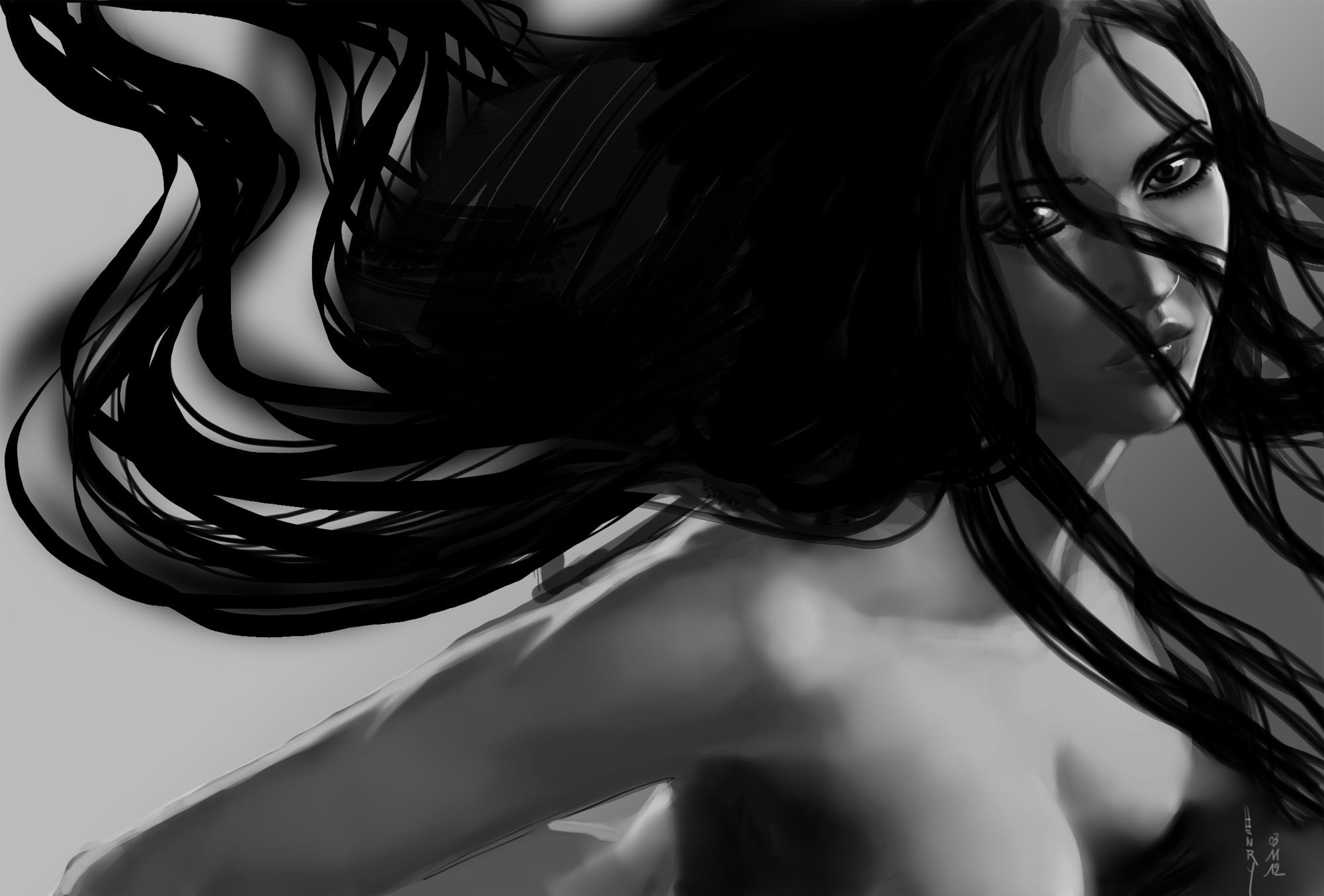 Monochrome drawing of a woman with long black hair HD Wallpaper
