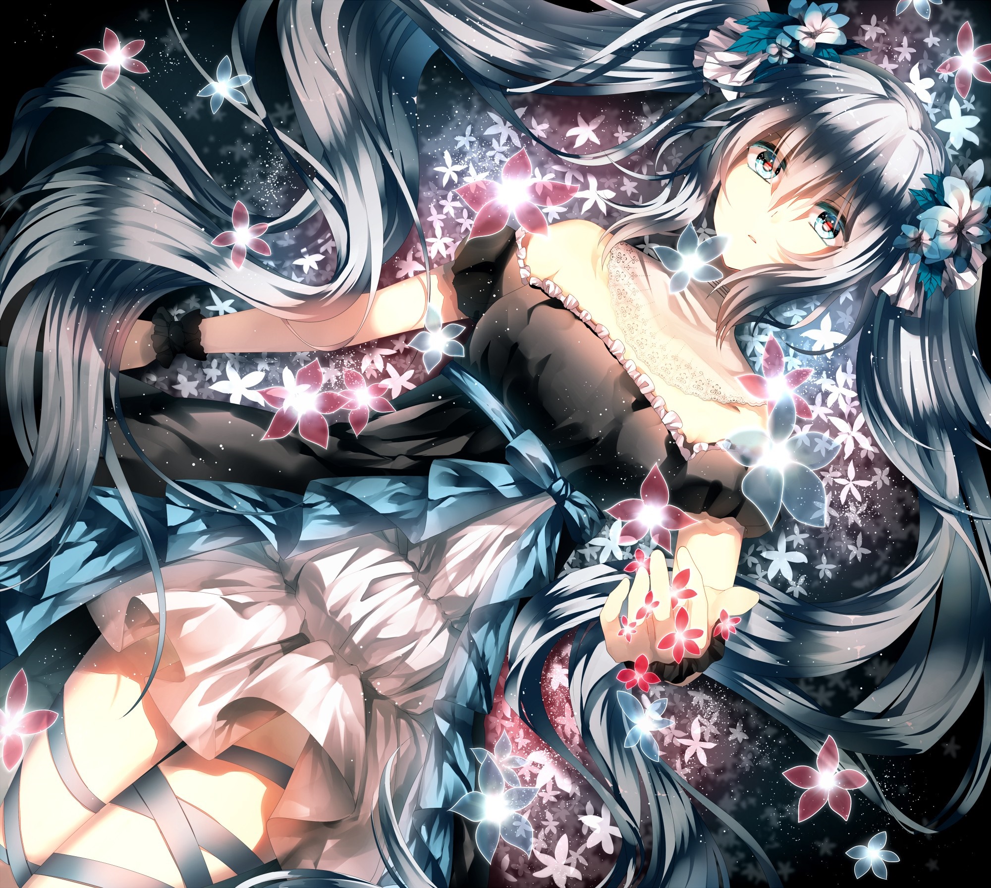 Hatsune Miku surrounded by glowing flowers HD Wallpaper
