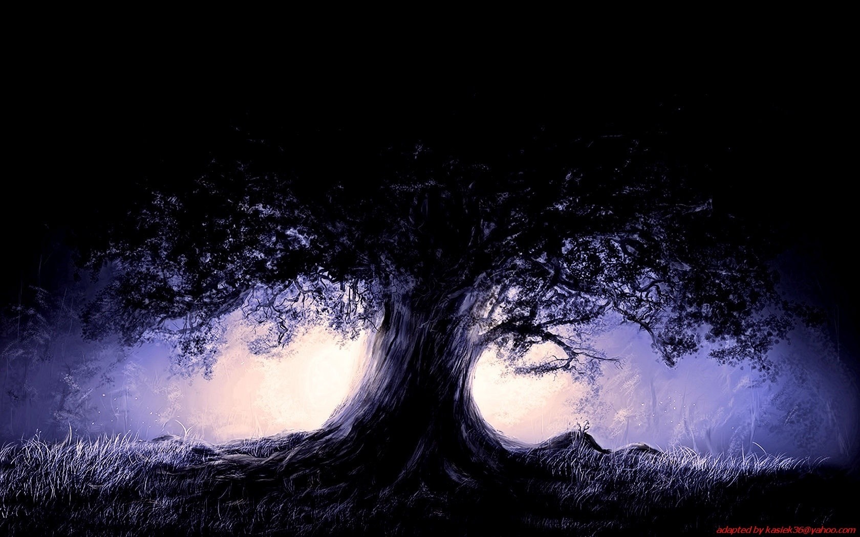 Dark tree with glowing light and grass HD Wallpaper