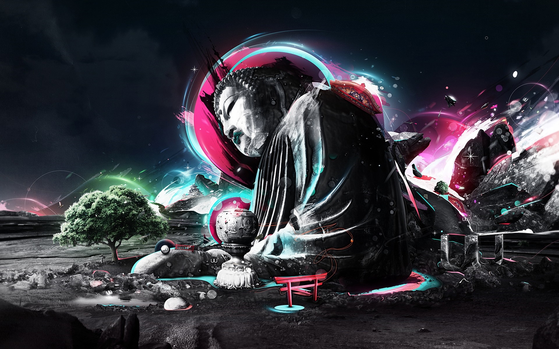 Digital art of Buddha with abstract colorful elements HD Wallpaper