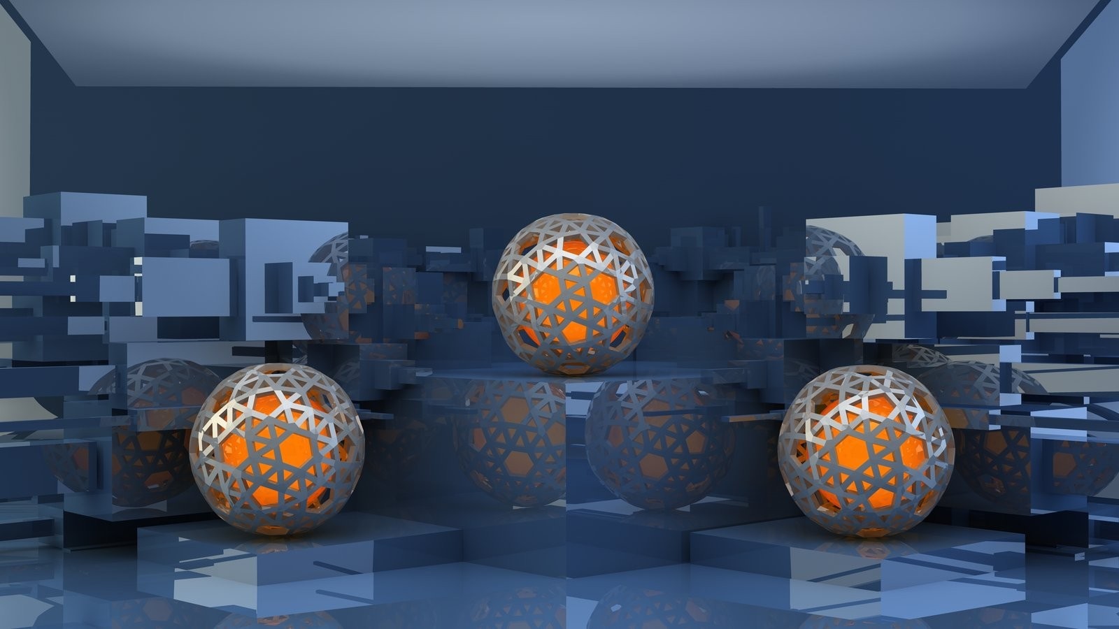 Abstract geometric spheres with orange glow HD Wallpaper