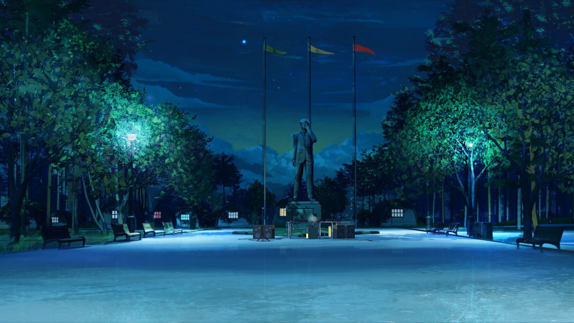 Park at night with statue and flags HD Wallpaper