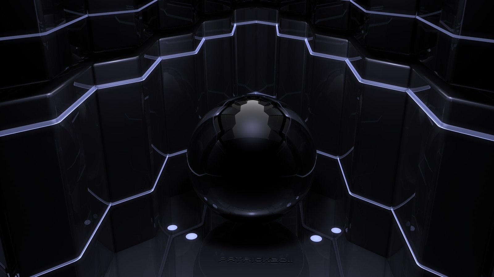 Futuristic black sphere in a symmetrical dark environment HD Wallpaper