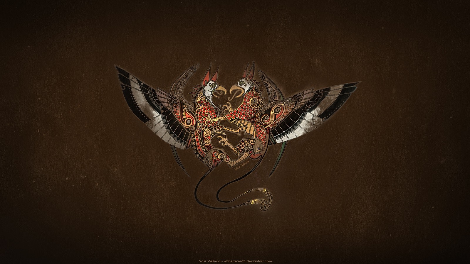 Two ornate griffins with wings spread HD Wallpaper