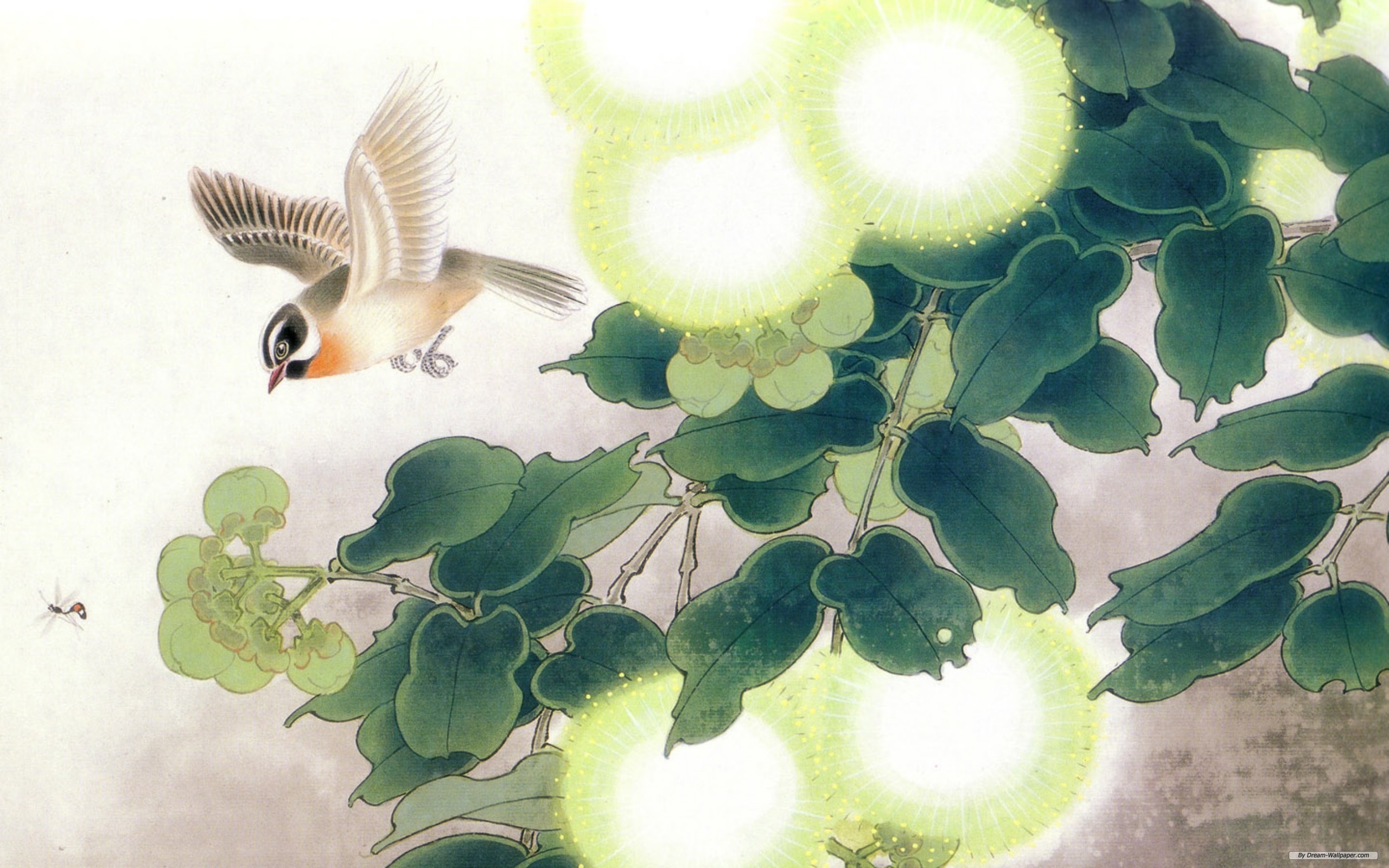 Bird flying near glowing flowers and leaves HD Wallpaper