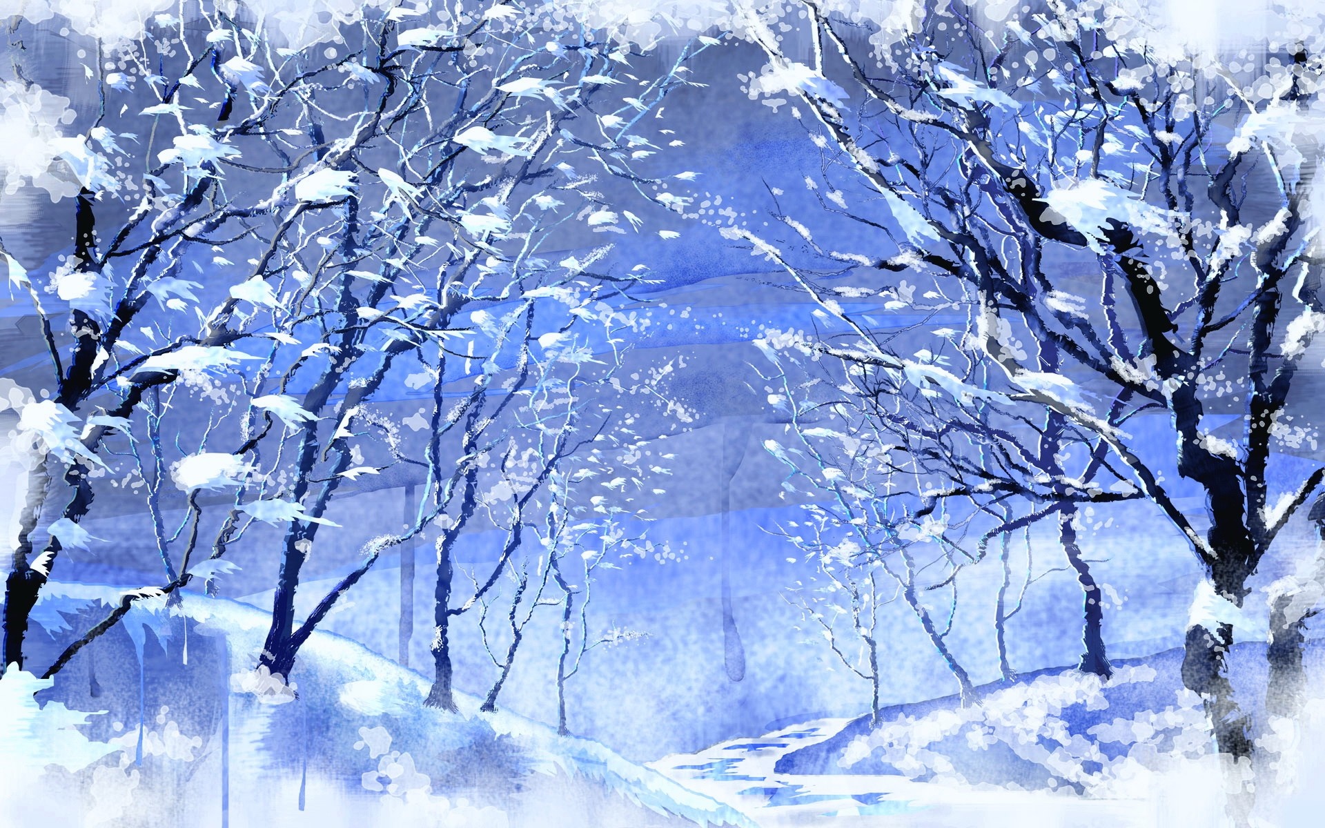 Snowy forest path with bare trees and falling snow HD Wallpaper