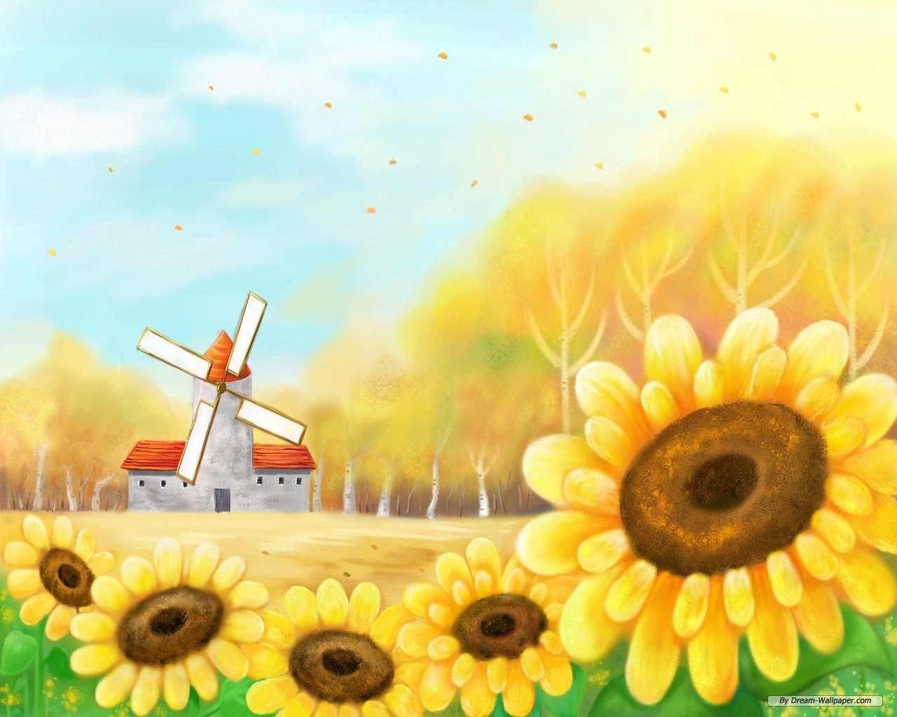Illustration of sunflowers and a windmill in a field HD Wallpaper