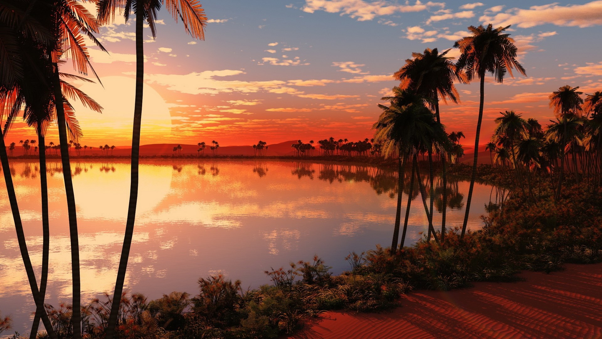 Sunset over a lake with palm trees HD Wallpaper