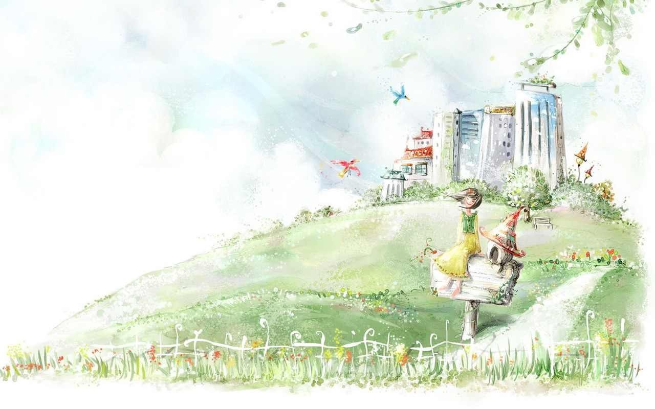 Watercolor painting of a girl on a hill with buildings HD Wallpaper