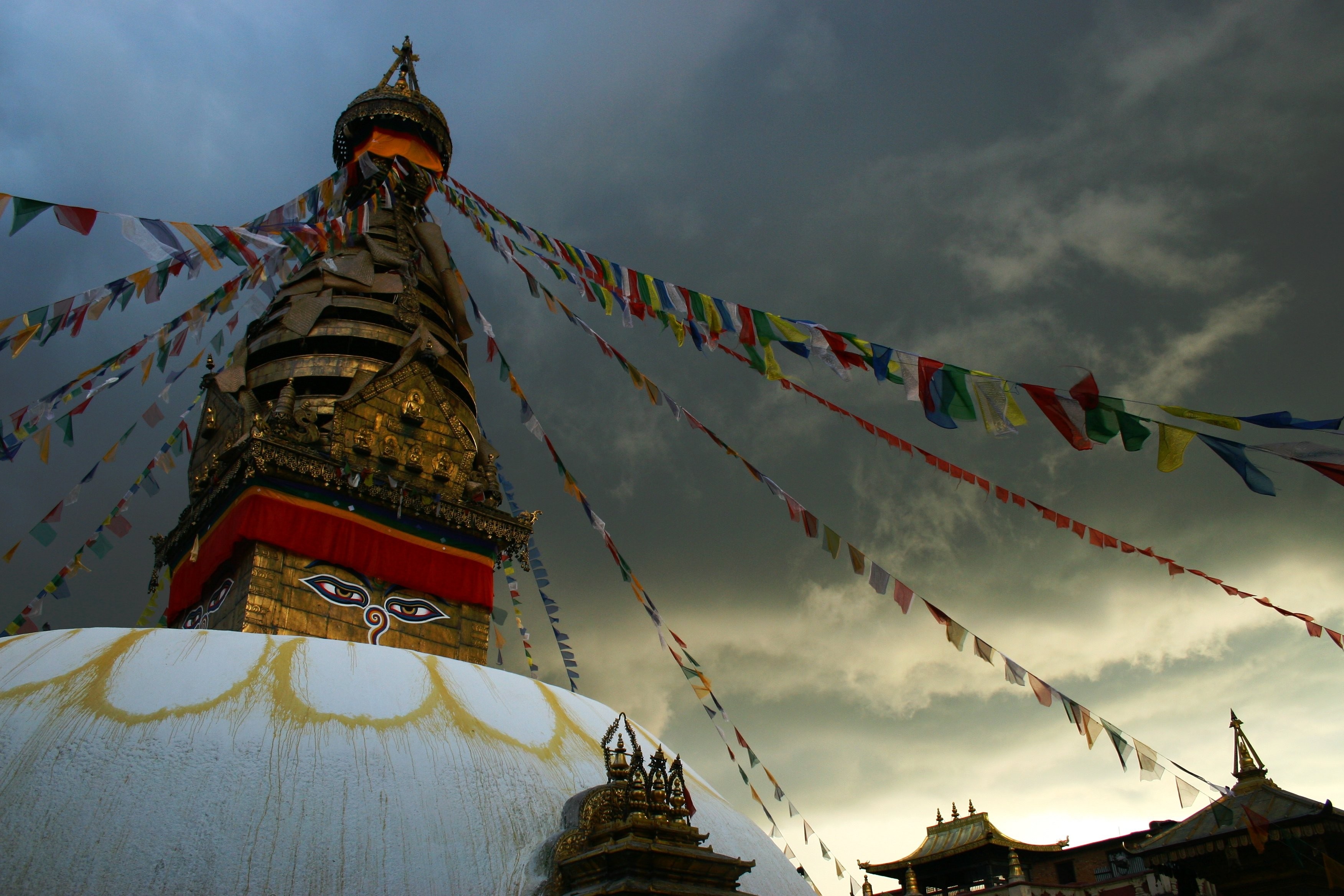 Swayambhunath stupa in Kathmandu, Nepal with prayer flags HD Wallpaper