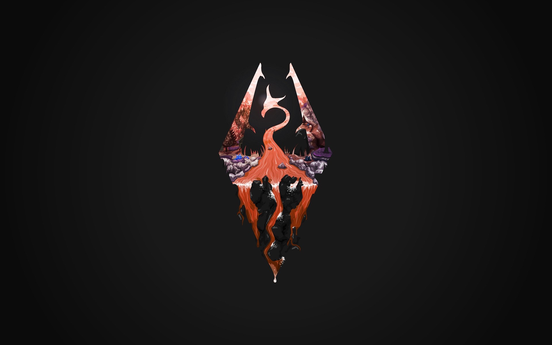 The Elder Scrolls V Skyrim logo with dragon and landscape HD Wallpaper