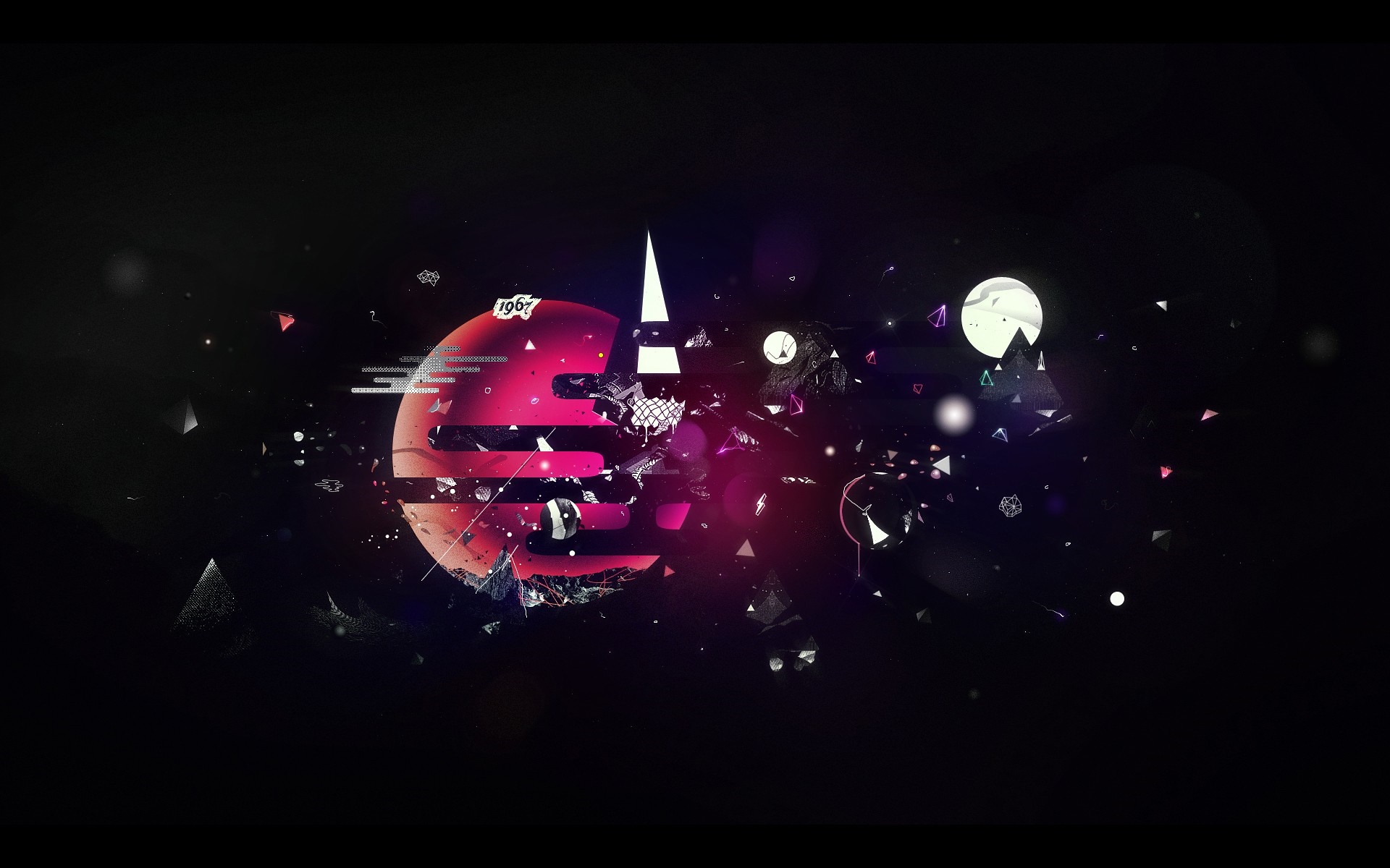 Abstract digital art with geometric shapes and planets HD Wallpaper
