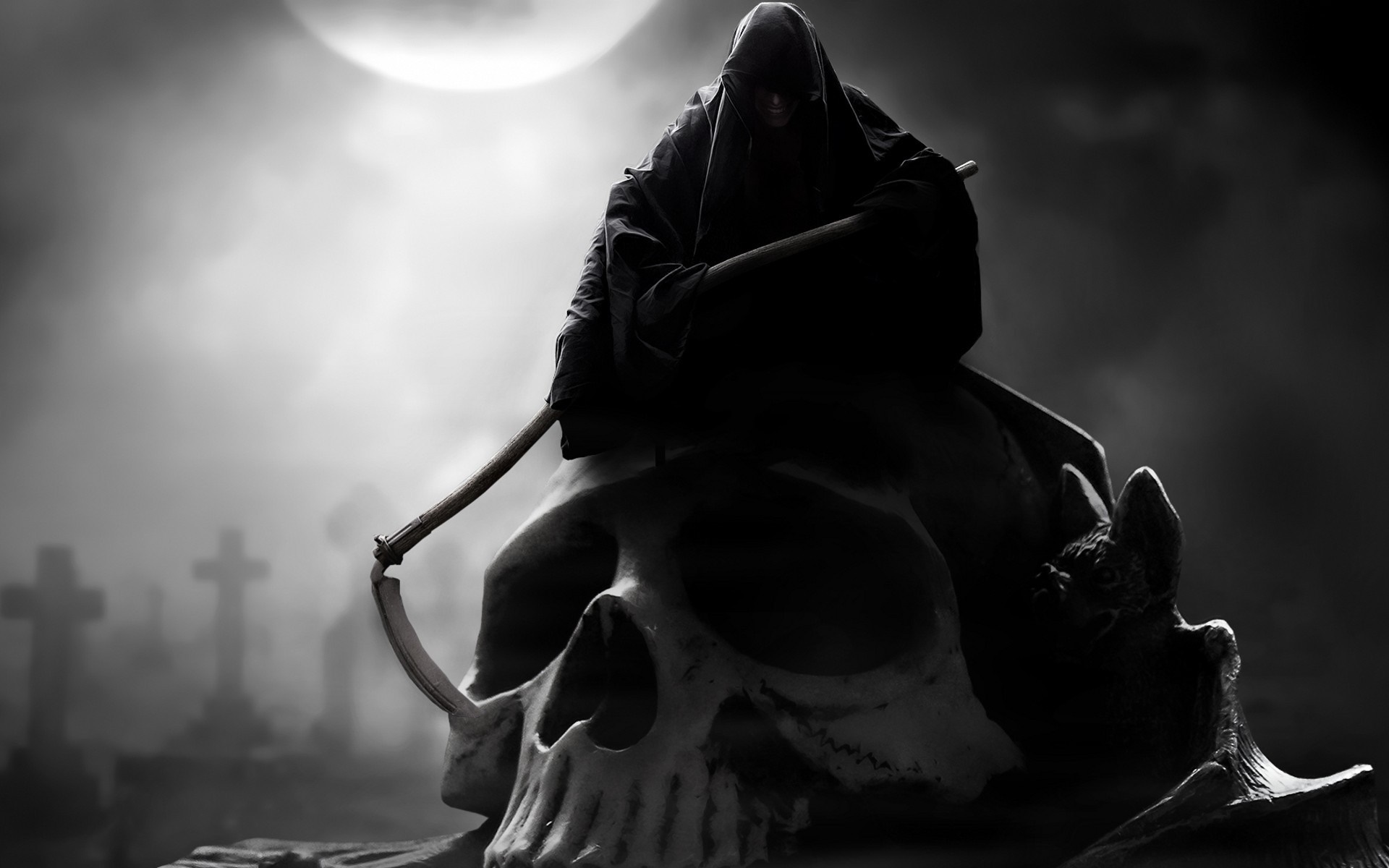 Grim Reaper sitting on a skull in a graveyard HD Wallpaper