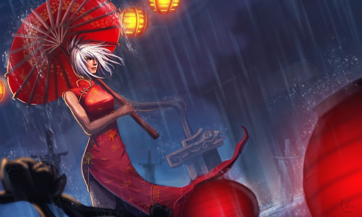 Riven from League of Legends with umbrella in rain HD Wallpaper