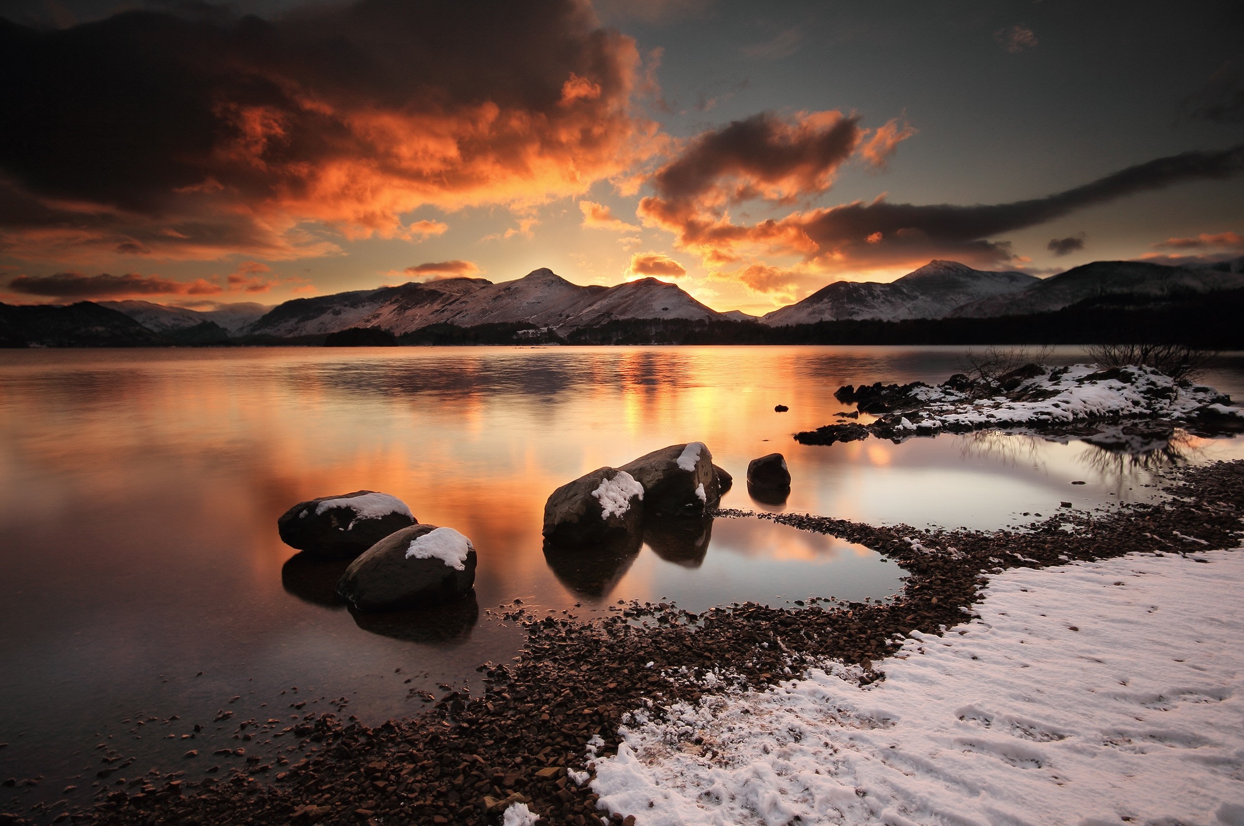 Sunset over a snowy lake with mountains HD Wallpaper