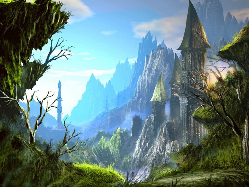 Fantasy castle in a mountainous valley with a distant tower HD Wallpaper