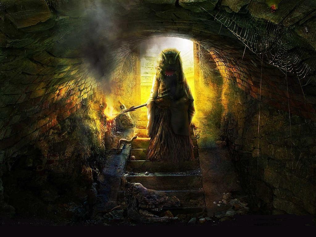 Fantasy creature in a dark stone tunnel HD Wallpaper