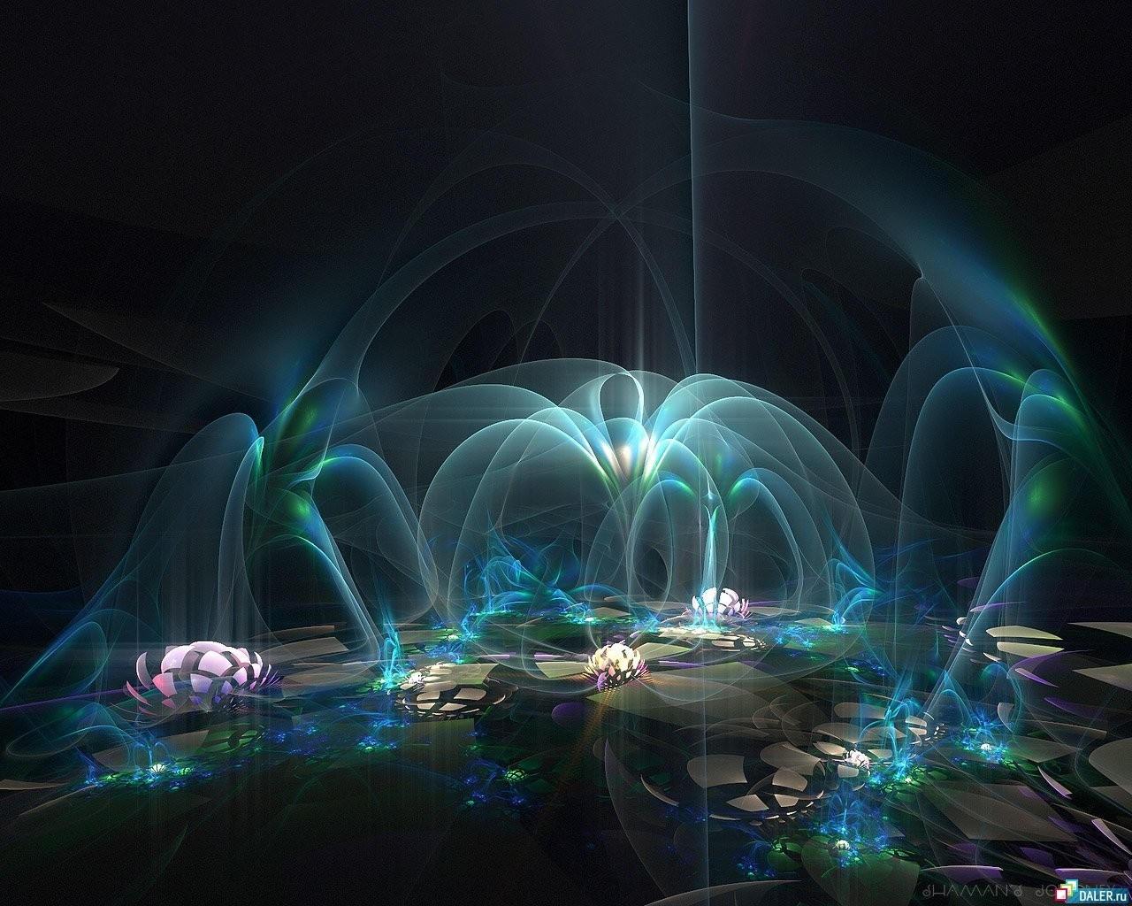 Abstract fractal art with glowing blue and green elements HD Wallpaper
