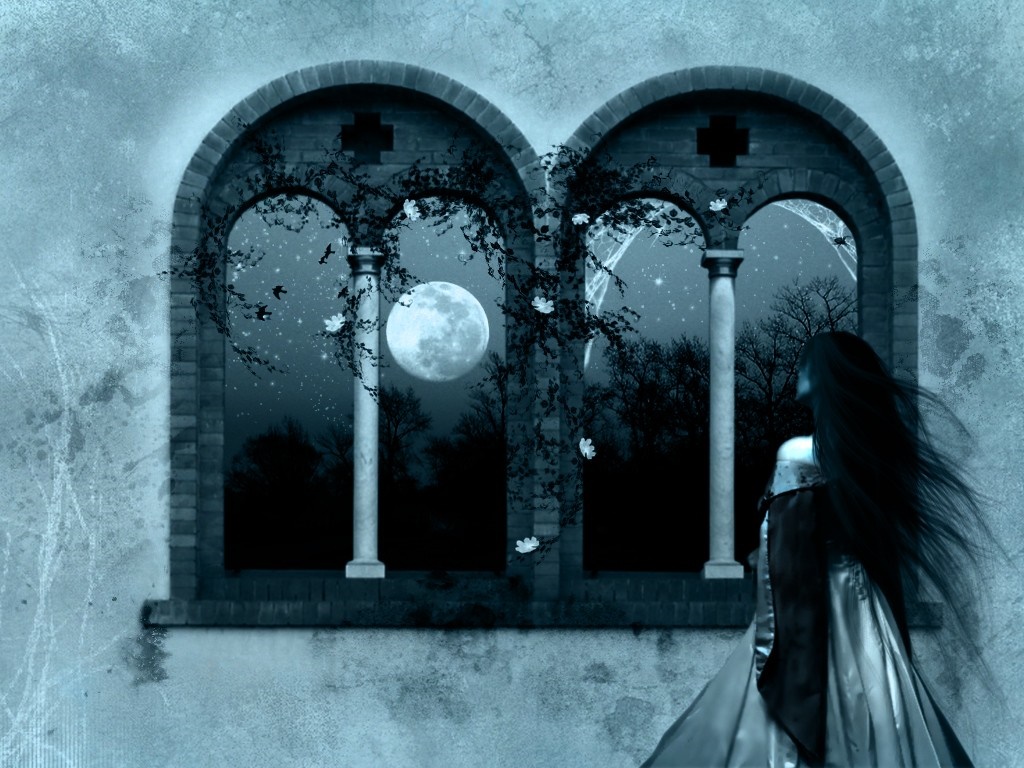 Gothic woman looking out a window at a full moon HD Wallpaper