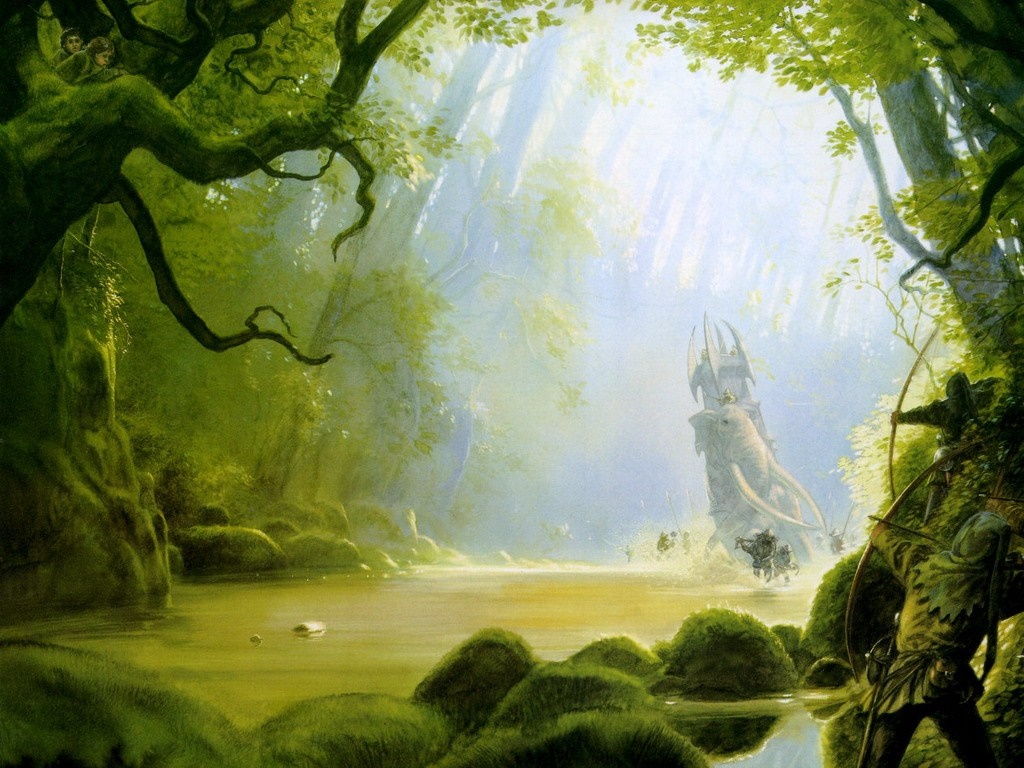 Fantasy art of a forest with a tower and archers HD Wallpaper