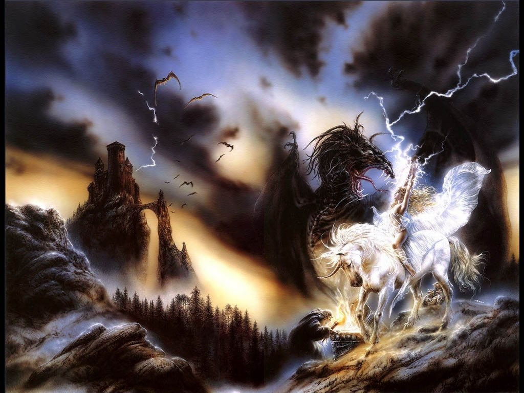 Fantasy art of a winged warrior on a unicorn fighting a dragon HD Wallpaper