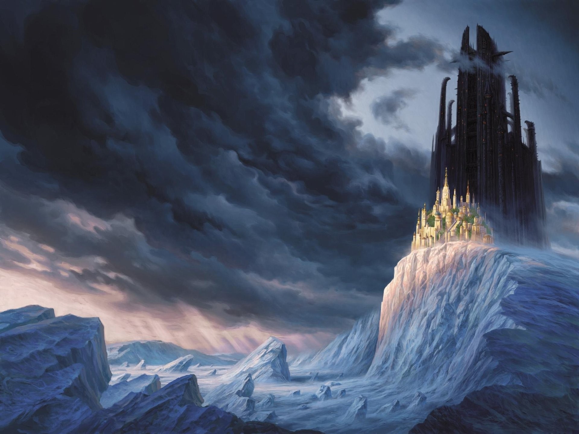 Fantasy castle on a snowy cliff under stormy skies HD Wallpaper