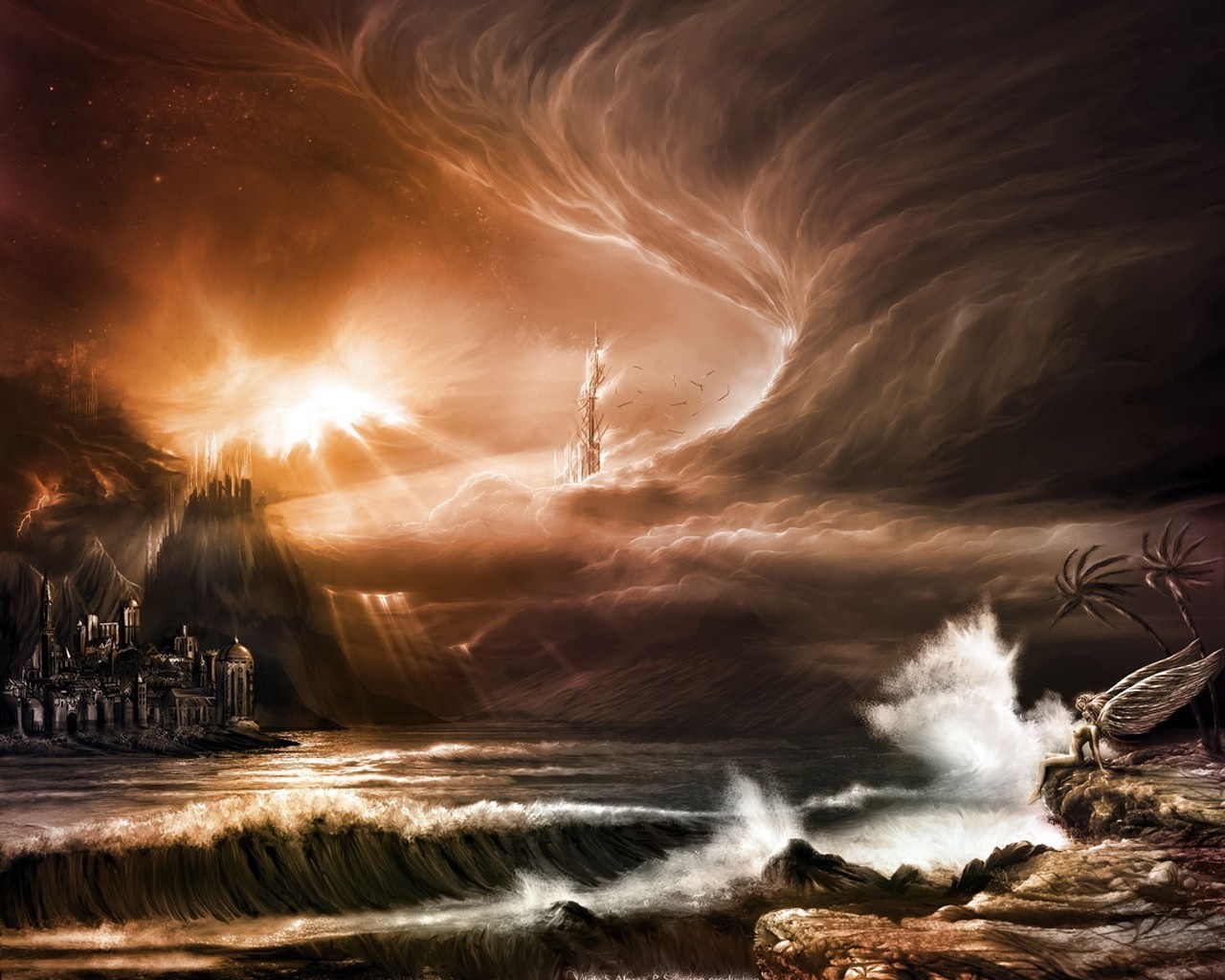 Fantasy landscape with storm and ancient city HD Wallpaper