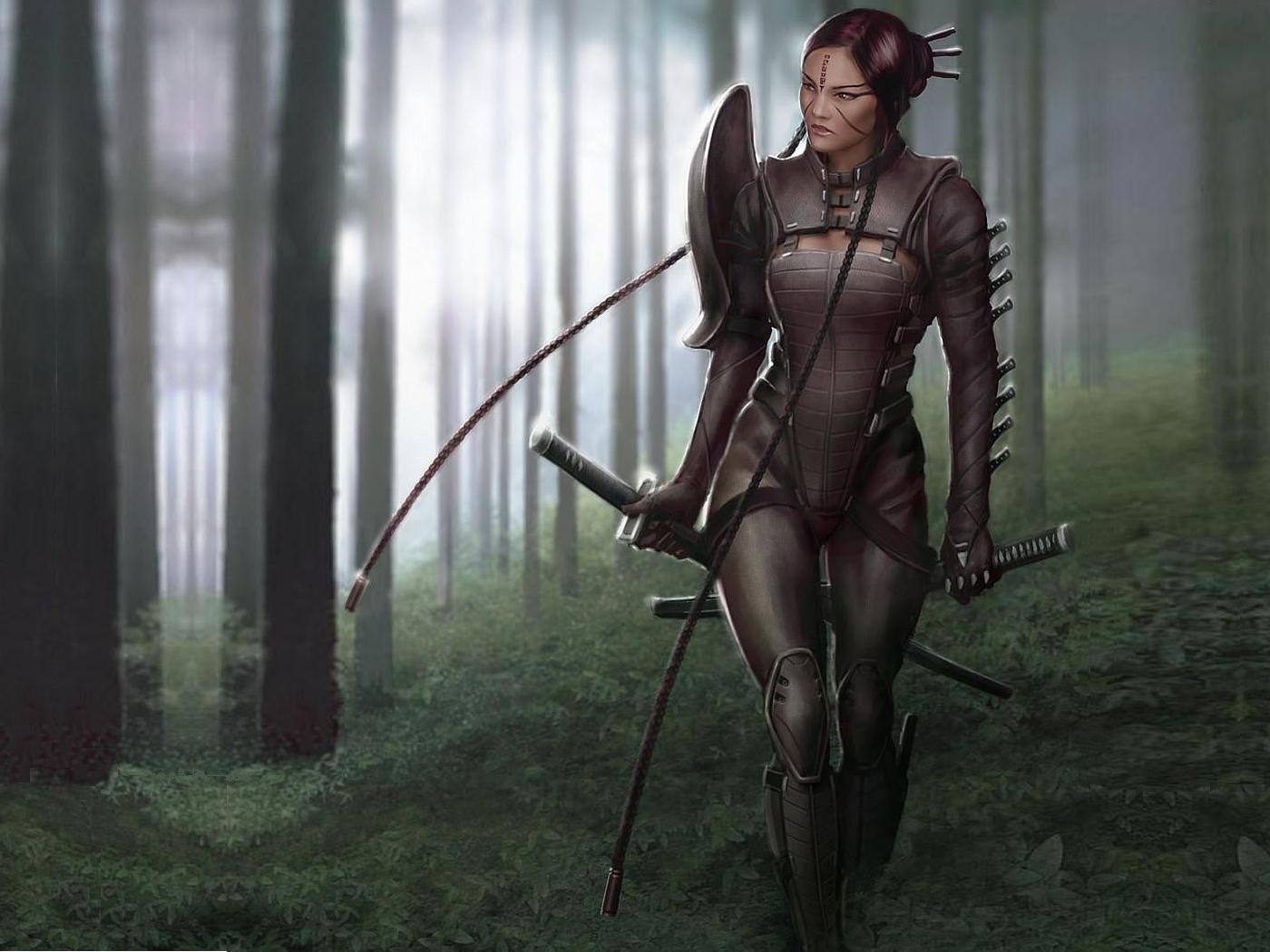 Fantasy woman warrior with katanas in forest HD Wallpaper