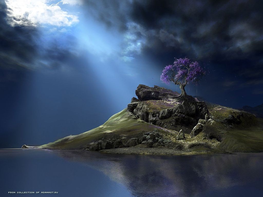 Fantasy art of a tree on a rocky island in the sea HD Wallpaper
